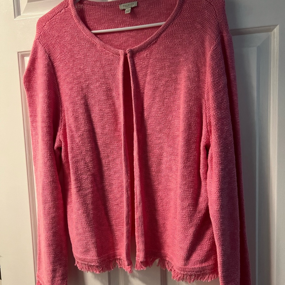 Talbots Coral Pink Open-Front Knit Cardigan with Fringe Trim